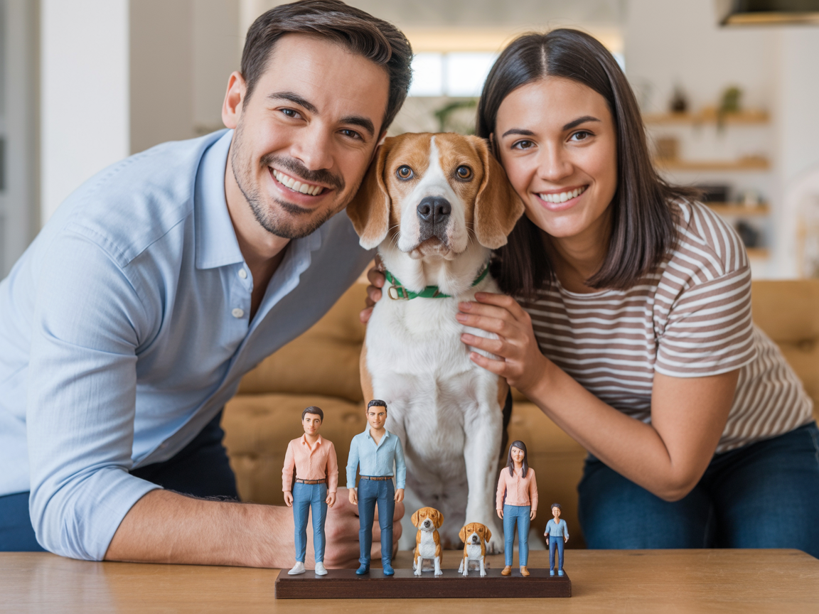 Couple with their beagle dog and 3D printed miniature figures